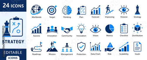 Business Analytics and Financial Growth Flat Vector Icons Set, business, analytics, finance, growth, chart, graph, Modern Blue Data Visualization Collection