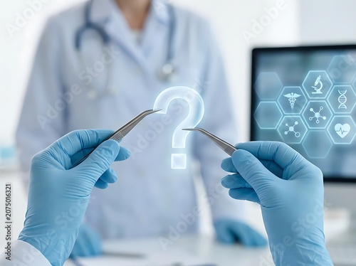 Medical professional holding surgical tools with question mark hologram.