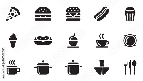 Cuadro en lienzo Various food and kitchenware icons featuring breakfast items cooking pots and hot drinks