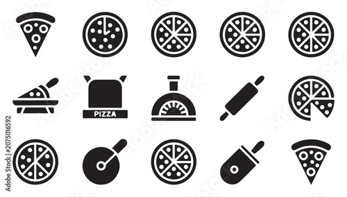 Fotografie Pizzeria flat vector icons including rolling pin pizza box wood fire oven and many slices