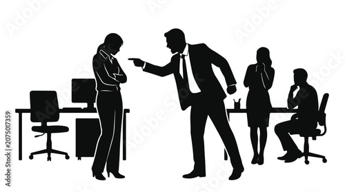 Toxic workplace silhouette of angry boss shouting at employee, office harassment and professional conflict scene, aggressive manager blaming subordinate
