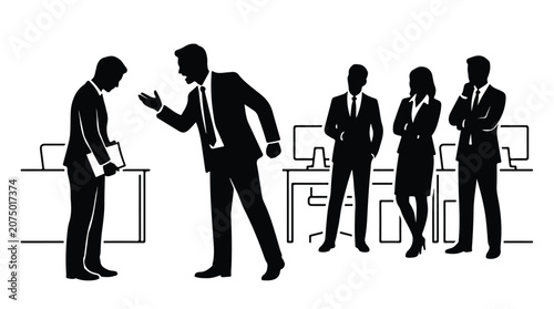 Angry boss shouting at employee silhouette, toxic workplace conflict in office, business people arguing and professional stress vector illustration
