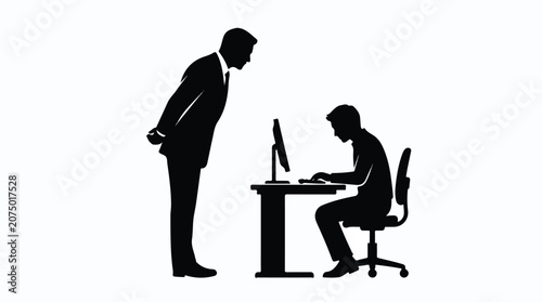 Corporate boss silhouette watching employee at desk, toxic workplace management vector, stressed office worker under pressure