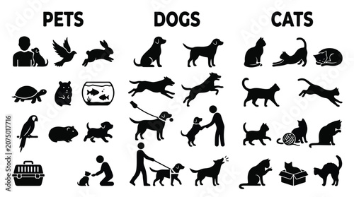 Pet animal silhouette icons set, domestic dogs and cats vector elements, veterinary and pet shop symbols for web design and infographics