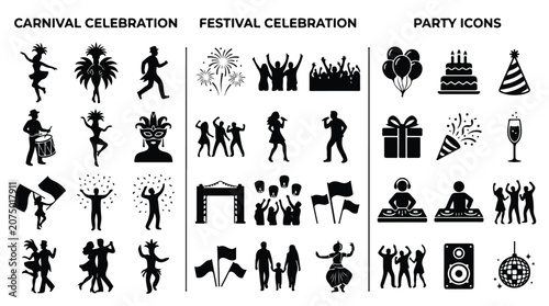 Carnival celebration and festival celebration silhouettes, party icons set with 36 elements, black vector symbols for event planning and nightlife