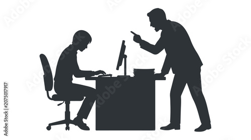Angry boss silhouette shouting at employee in office, toxic workplace environment with aggressive manager, corporate bullying and stress at work