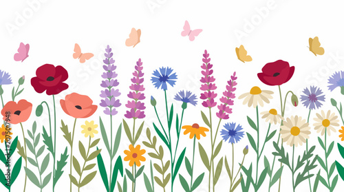 Colorful wildflowers and butterflies border on white background