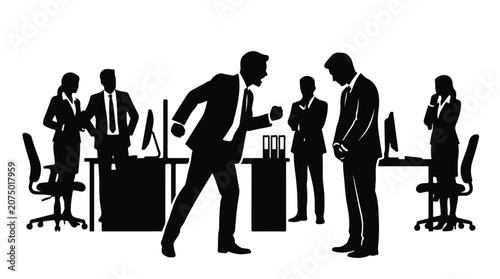 Aggressive boss silhouette shouting at employee in office, toxic workplace environment with stressed business people, corporate conflict and harassment vector