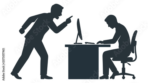 Angry boss silhouette shouting at employee, toxic workplace environment with aggressive manager, corporate bullying and office stress vector illustration