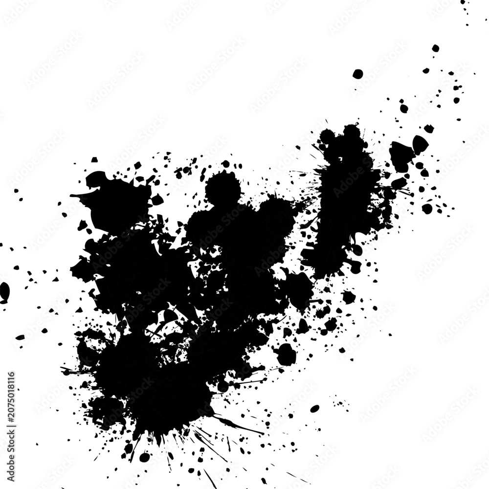 Obraz premium Abstract black ink splatter composition with messy drops and spills isolated on white background for professional creative graphic design 