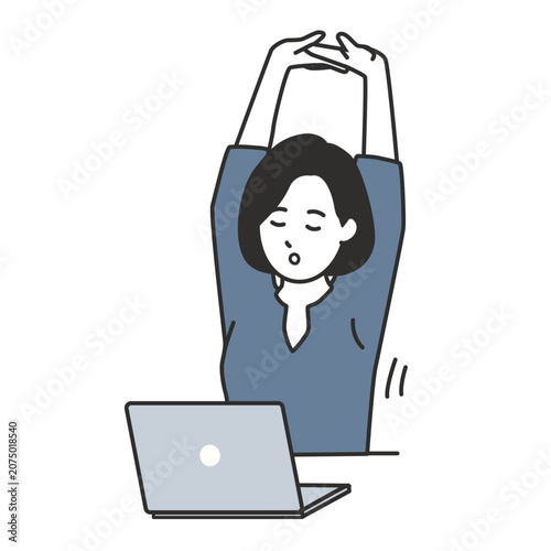 Foto Young asian woman stretching her arms to refresh beside laptop, female remote wo