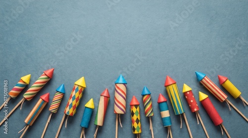 A row of traditional wooden-fused firework rockets is arranged horizontally along the bottom of the frame. Each rocket features a unique cylindrical paper body adorned with colorful decorative pattern