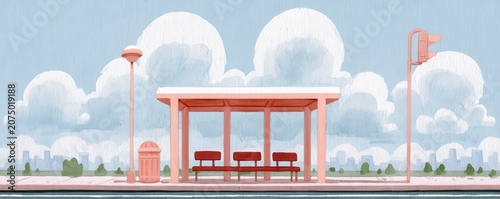 peaceful bus stop with red benches under  bright blue sky filled with large fluffy white summer clouds