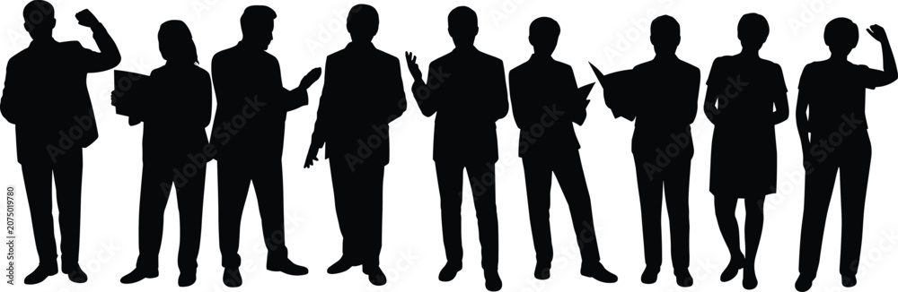 Fototapeta premium Silhouette business people standing, professional team discussion, corporate communication poses, office workers group, formal posture, teamwork concept, isolated black figures illustration