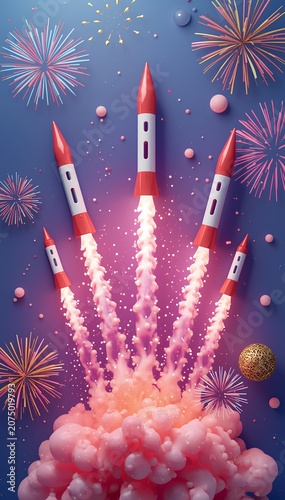 This image features a creative conceptual illustration of three rockets launching upwards simultaneously, set against a pastel pink aesthetic. The rockets emit bright flames and thick smoke trails—tex