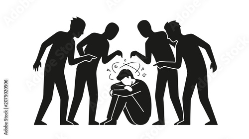 Social bullying silhouette illustration, group of people pointing fingers at a victim, workplace harassment and mental health concept vector
