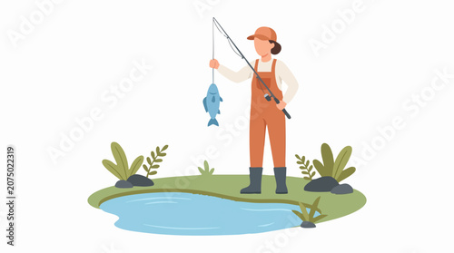 Tableau sur toile Woman fishing with rod and freshly caught fish by a pond illustration