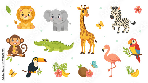 Photography Colorful cartoon animals illustration set with playful expressions Vector