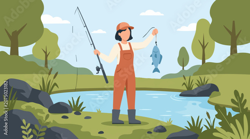 Tableau sur toile Woman fishing by a lake in a natural landscape, holding a caught fish and fishin