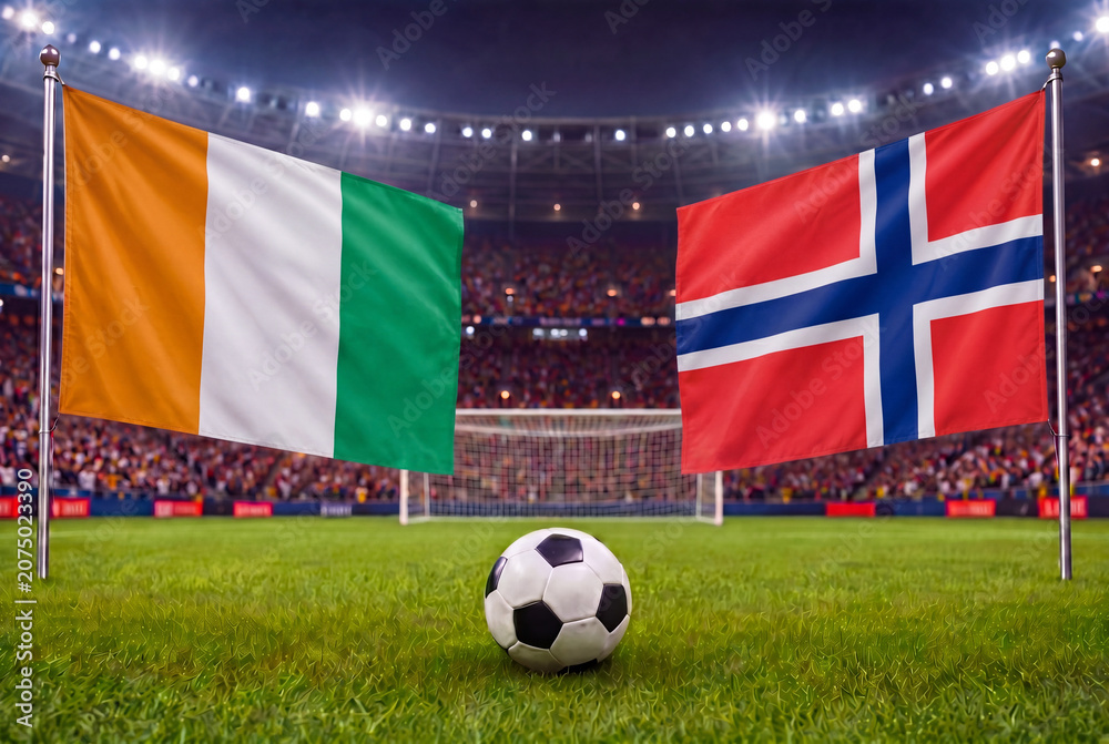 Naklejka premium Ivory Coast vs Norway, national flags before international football tournament Round of 32 match, football on green grass with goal in the background, Arlington, Texas, USA, June 30, 2026