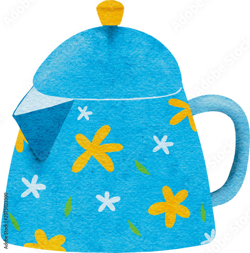 Adorable vintage kitchenware element with flower design for cafe menu, Cute blue teapot cartoon illustration with yellow floral pattern
