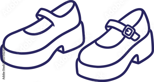 Cute platform Mary Jane shoes line art vector.