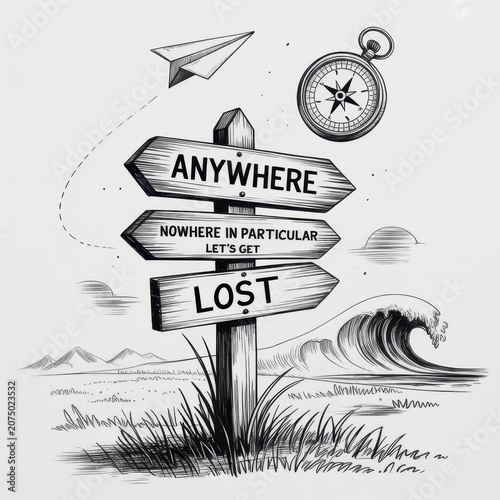 Wooden signpost with travel quotes, compass, paper plane, and ocean waves