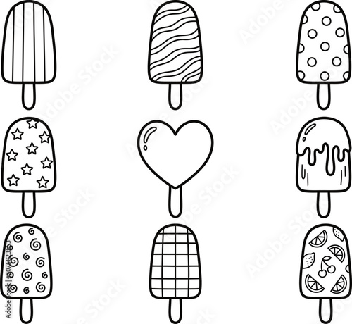 Ice cream popsicle line art set isolated.