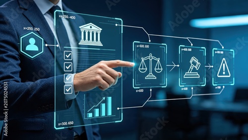Business professional analyzing legal compliance workflow on futuristic holographic interface, justice scales and risk assessment icons for corporate governance strategy