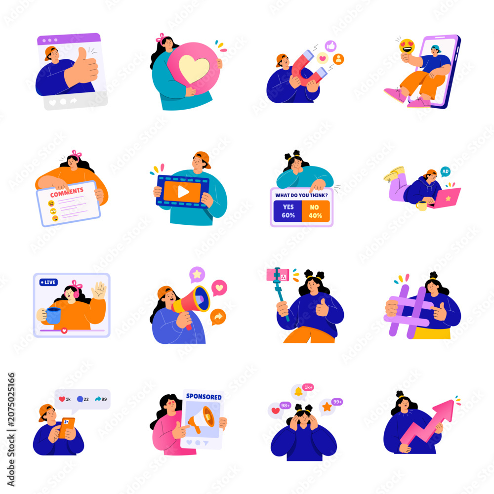 Fototapeta premium Flat social media and creator stickers featuring engagement, content creation, live streaming, reactions, analytics, notifications, growth, and audience interaction.
