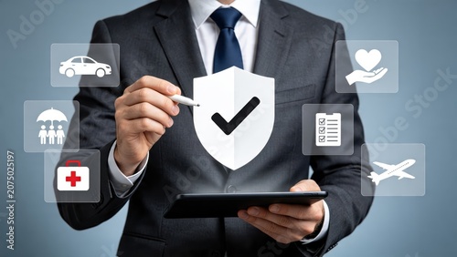 Businessman drawing shield with checkmark on tablet, insurance protection concept for health, life, travel, car and family coverage