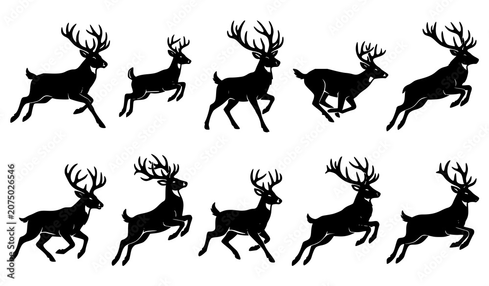 Fototapeta premium Detailed Jumping Deer Black Silhouette Vector Collection of Forest Animals Isolated on White