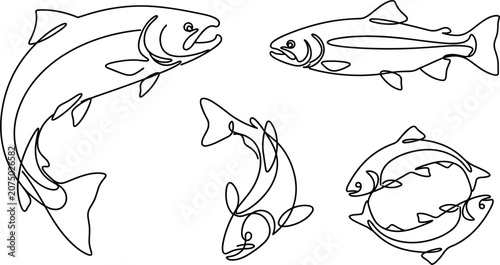 Minimalist Continuous One Line Fish Vector Set with Salmon and Trout Illustrations for Seafood Branding and Fishing Logos
