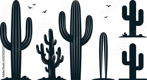 Saguaro Cactus Silhouette Vector Set with Desert Plants and Flying Birds for Western Landscape Graphic Designs