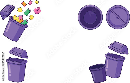 Purple Trash Can Vector Set with Open Lids Crumpled Paper and Top Down Views for Waste Management Graphics