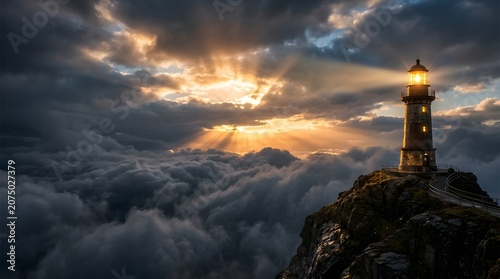 Lighthouse Above the Clouds at Dramatic Sunset Symbolizing Hope and Guidance