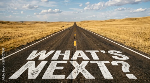 Asphalt road stretches into distance with 'what's next' text