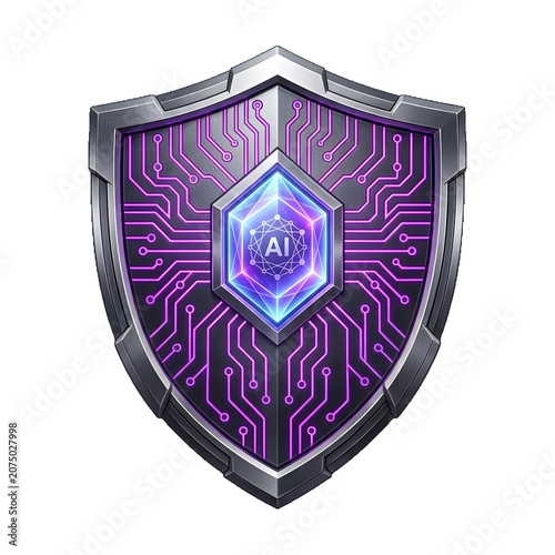 Futuristic shield with artificial intelligence symbol and circuit board design digital security concept