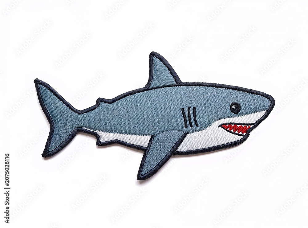 Obraz premium A hyperrealistic sharp focus macro photograph of an embroidered blue shark patch. Detailed textile needlework isolated on a crisp white background.