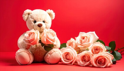 Teddy bear holding pink roses bouquet.