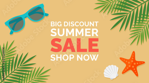 Schilderij op canvas Summer sale advertisement with sunglasses and starfish on a beach background