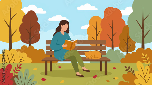 Woman Reading Book with Cat on Bench in Autumn Park Illustration