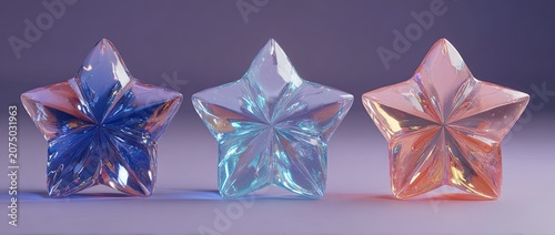 Three translucent star-shaped gemstones in different colors, illuminated by soft light.
