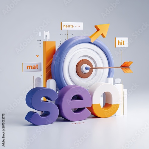 3D SEO Target Hit with Arrow and Growth Charts.