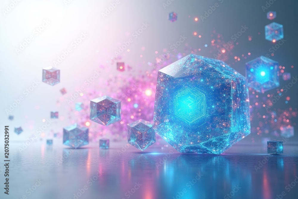 Obraz premium Glowing futuristic blue crystal cubes floating on a reflective surface