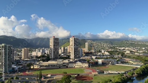 Time Lapse of City of Honolulu, Oahu, Hawaii. In the distance is the Koʻolau Range. Cumulus clouds with Trade Wind.