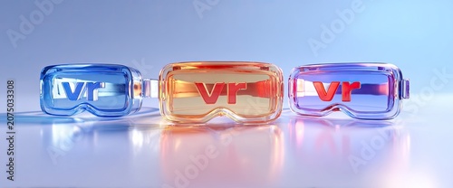 Three futuristic VR headsets in different colors, blue, orange, and purple, displayed in a row on a reflective surface with a gradient background.