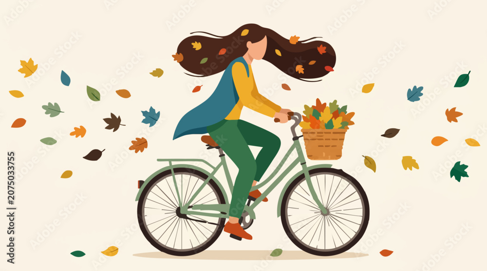 Fototapeta premium Flat illustration of woman cycling with flowing hair and autumn leaves