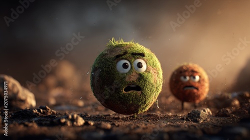 Two round characters made of grass and dirt stand on a rocky ground with expressions of surprise during a sunset