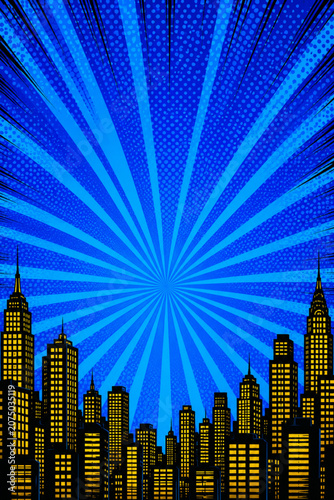 Comic book style city skyline background with blue radial speed lines